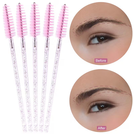 Five disposable mascara brush wands with pink bristles and glitter handles, before and after