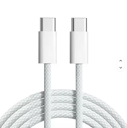 White braided USB-C to USB-C cable, dual metal connector ends, 1 m length
