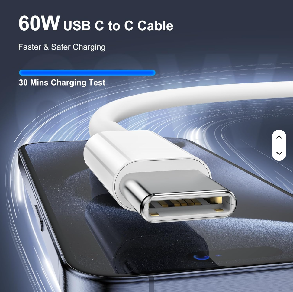 White USB-C to USB-C charging cable with metal USB-C connector, angled view