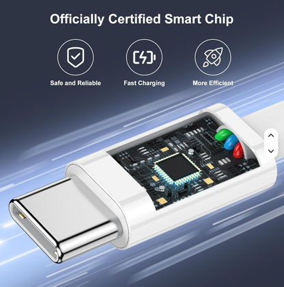White braided USB-C to USB-C cable with smart chip inside connector housing