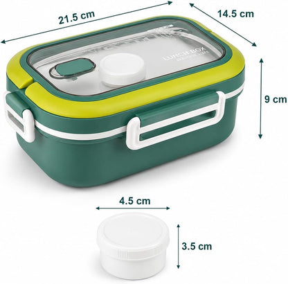 Green bento lunch box with clear window, carry handle and included condiment container