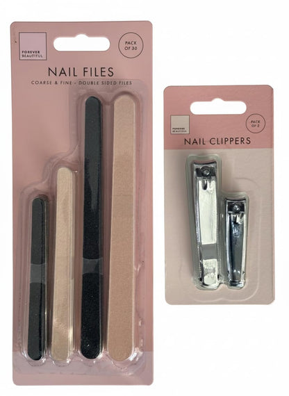 Nail care kit pack with double-sided wood nail files and carbon steel nail clippers