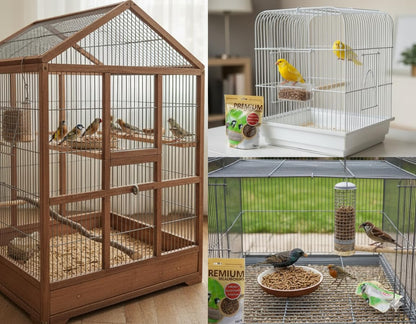 Two bird cages with a tub of Premium dried mealworms and feeder