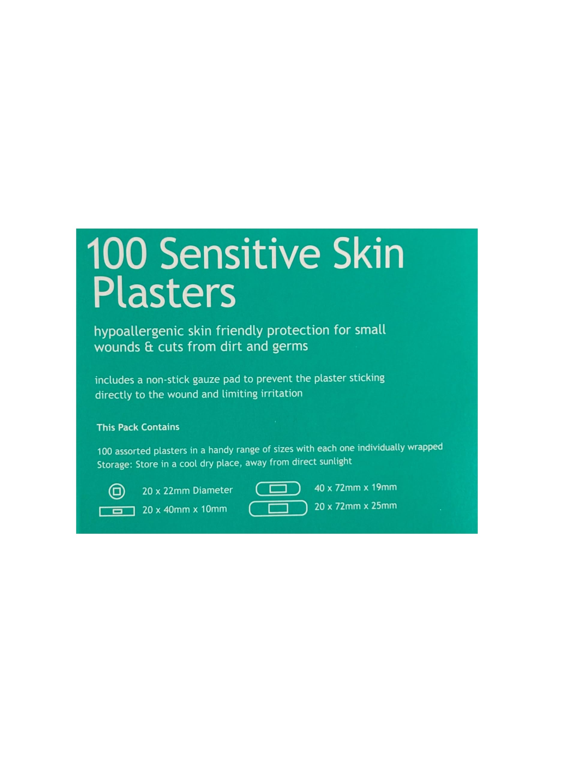 100 sensitive skin plasters box back panel with size and quantity details