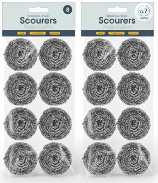 Stainless steel scourer pads, circular wire scrubbers in blister pack (8 count).