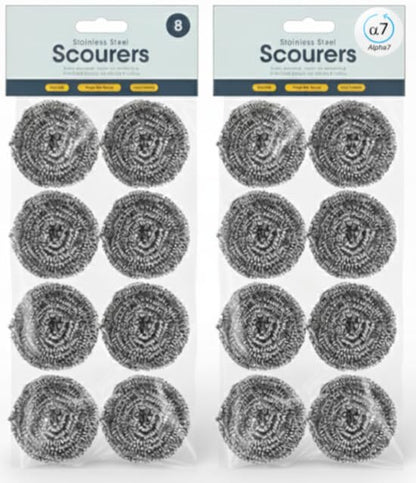 Stainless steel scourer pads, circular wire scrubbers in blister pack (8 count).