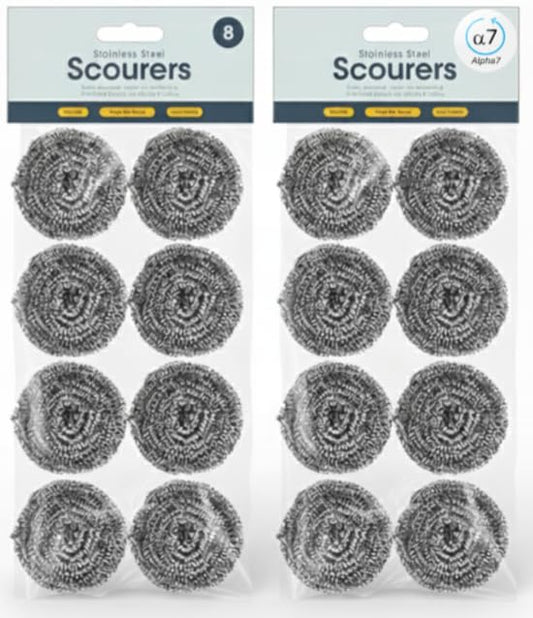 Stainless steel scourer pads, circular wire scrubbers in blister pack (8 count).