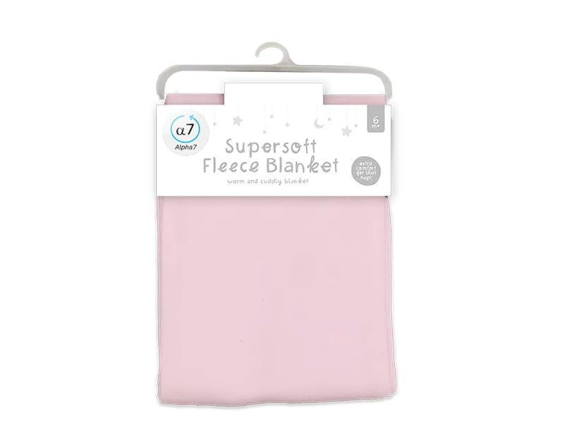 Soft fleece baby blanket, light pink, packaged on a hanger.