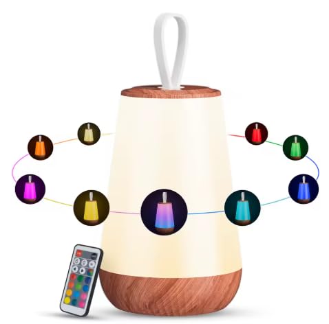 Portable kids night light with white fabric shade, wood base, remote, and multicolor glow
