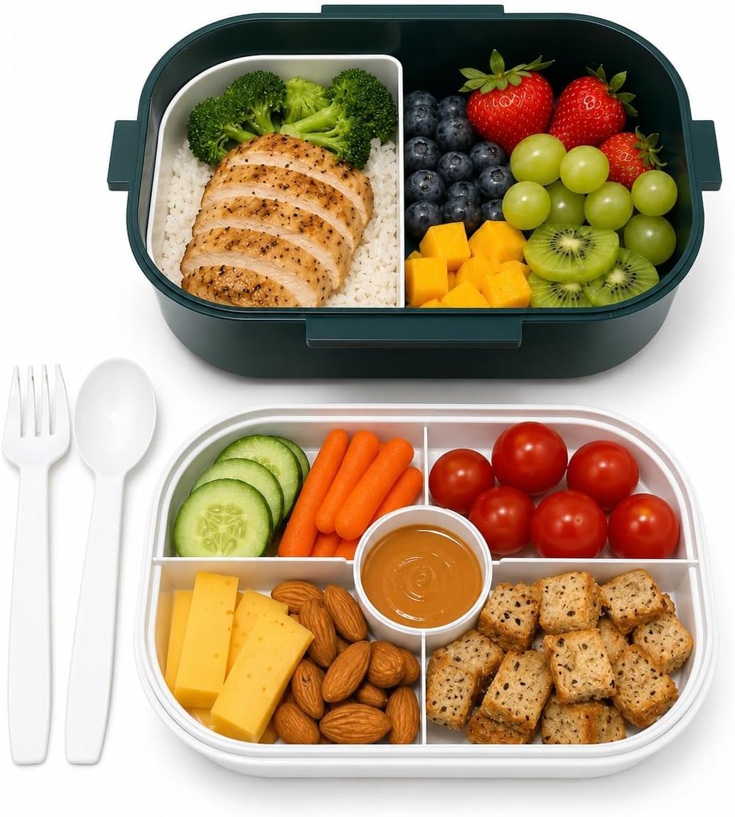Bento lunch box opened with four food compartments, sauce cup, and included fork and spoon