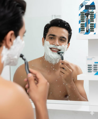 Triple-blade razor for wet shaving held against chin