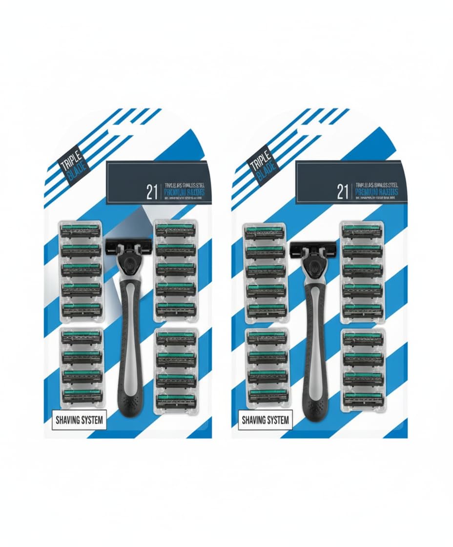 Triple-blade stainless steel razor set with refill cartridges and handle, 21-pack
