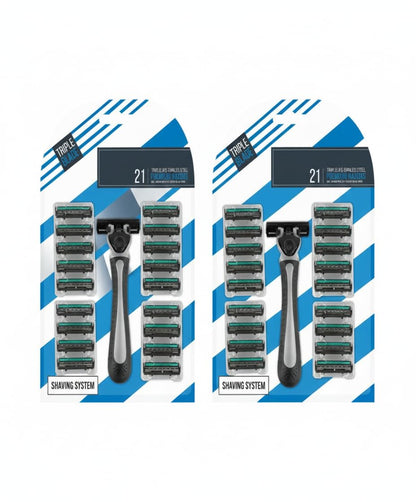 Triple-blade stainless steel razor set with refill cartridges and handle, 21-pack