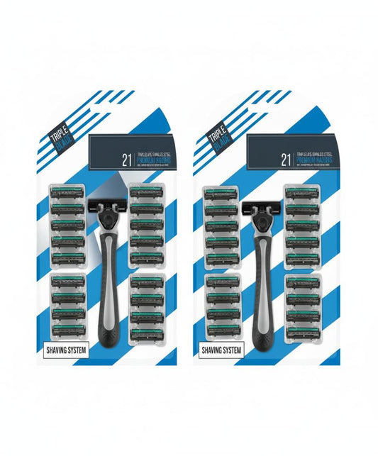 Triple-blade stainless steel razor set with refill cartridges and handle, 21-pack