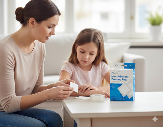 Non-adherent dressing pads box on table beside caregiver and child