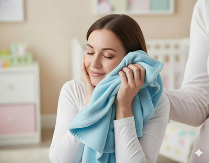 Sky blue soft fleece baby blanket, folded and held close, plush texture.