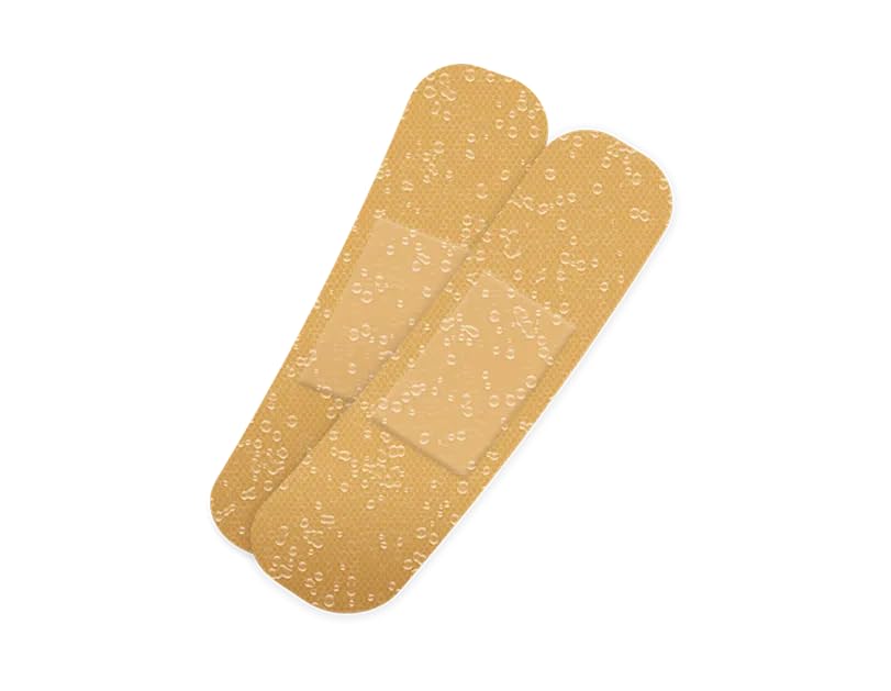 Two beige waterproof adhesive plasters, large round bandage pads.