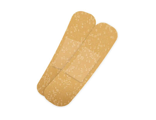 Two beige waterproof adhesive plasters, large round bandage pads.
