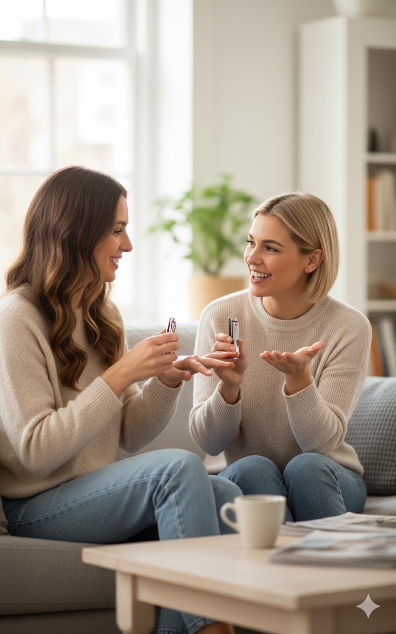 Manicure grooming: two people holding nail clippers and files while sitting on sofa