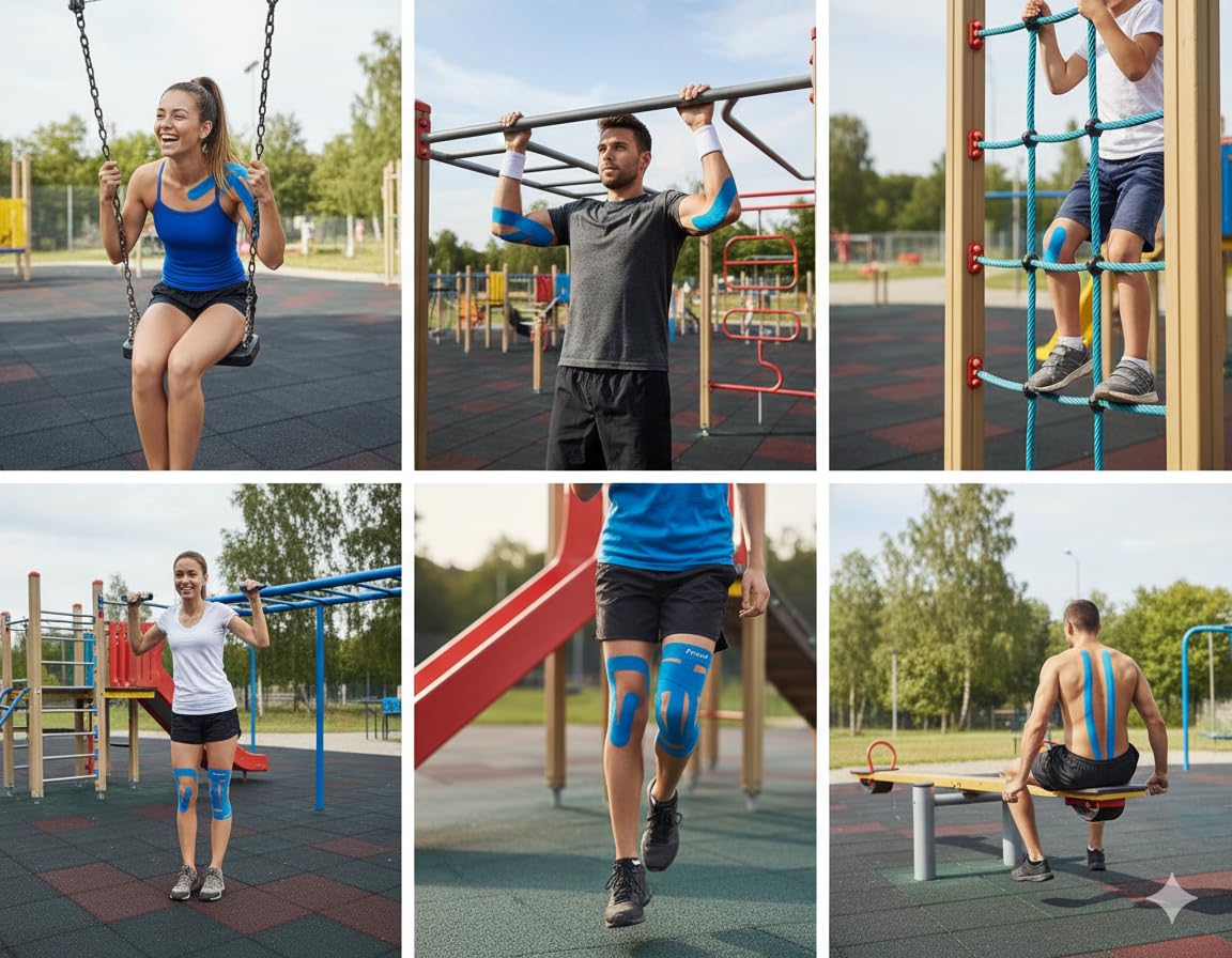 Blue kinesiology tape applied to legs and back on athletes at an outdoor park