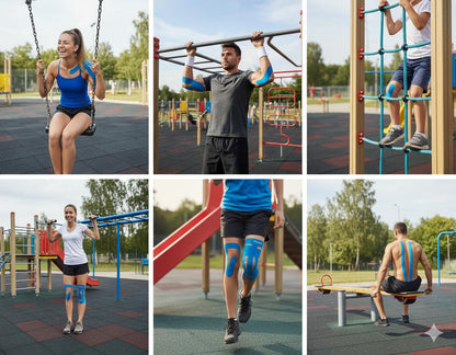 Blue kinesiology tape applied to legs and back on athletes at an outdoor park