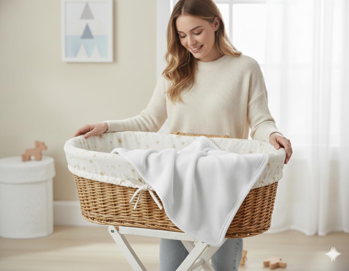White soft fleece baby blanket draped over a basket edge, plush texture.