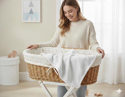 White soft fleece baby blanket draped over a basket edge, plush texture.