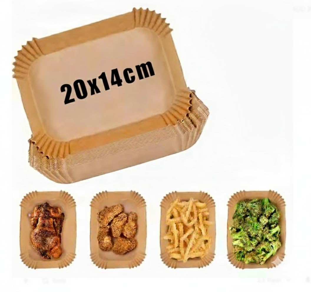 Disposable paper air fryer liners, rectangular fit, tan, size 20x14cm, pleated edges