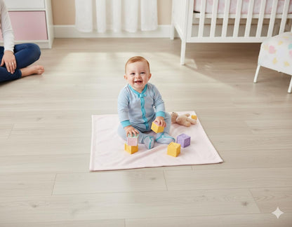 Light pink soft fleece baby blanket on a play mat, plush and cozy.