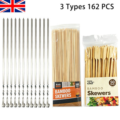BBQ skewers set packaging with multiple stainless steel rods and bamboo skewer packs
