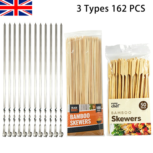 BBQ skewers set packaging with multiple stainless steel rods and bamboo skewer packs