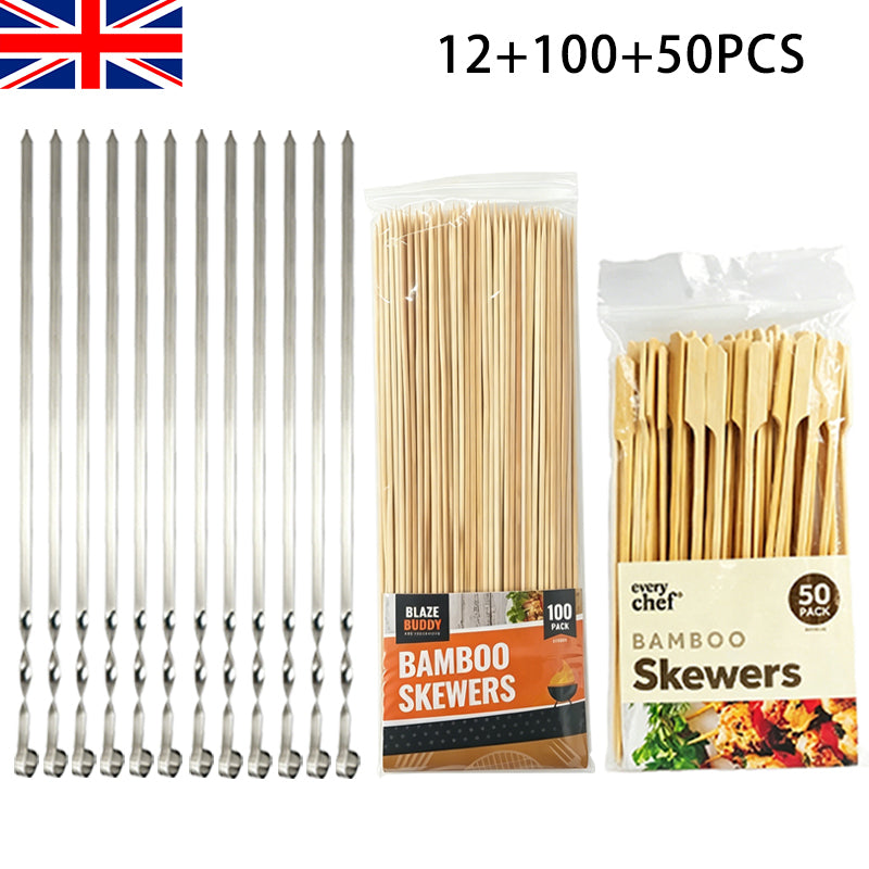 3-types BBQ skewers set packaging with bamboo skewer bundles and stainless steel rods