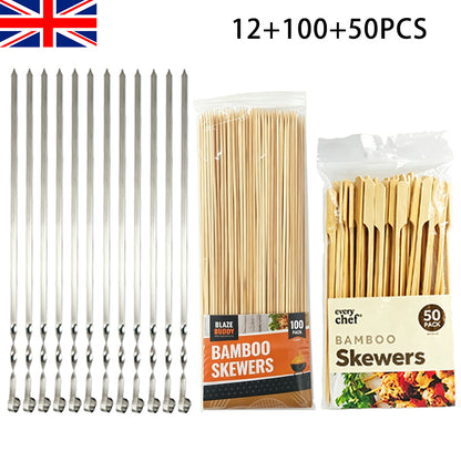3-types BBQ skewers set packaging with bamboo skewer bundles and stainless steel rods