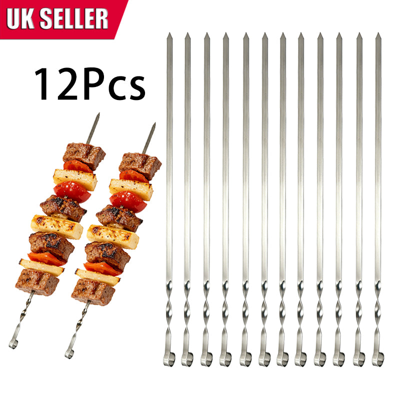 Set of 12 stainless steel skewer rods with pointed ends and looped handles