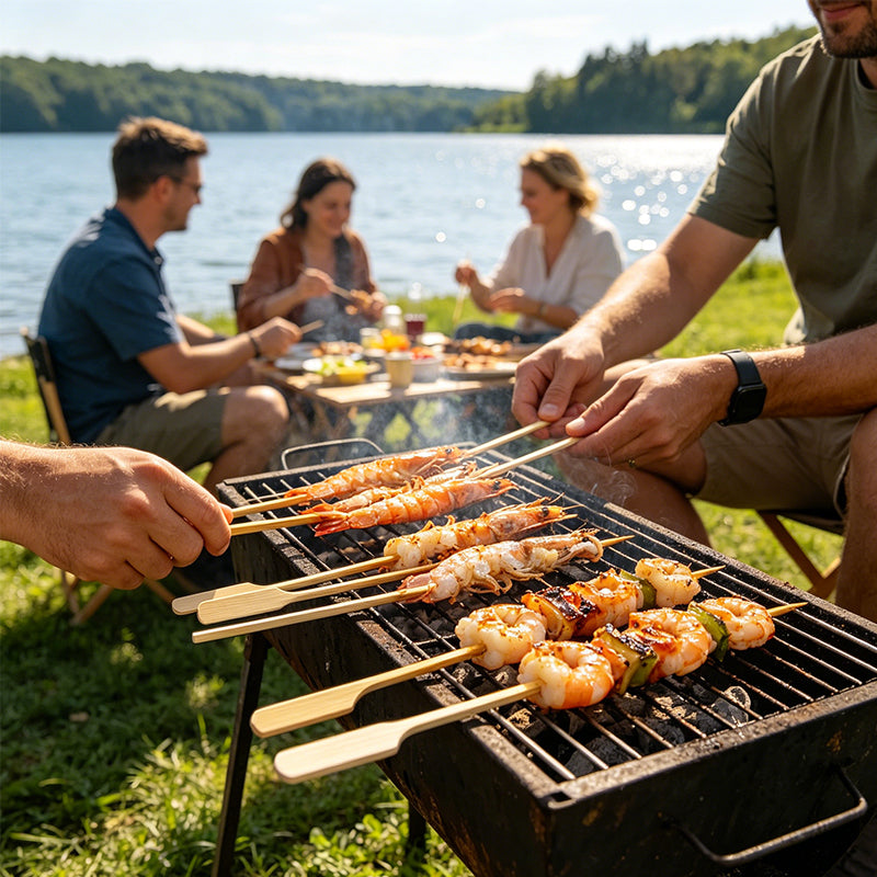 Grilling seafood skewers on an outdoor barbecue with multiple long wooden sticks