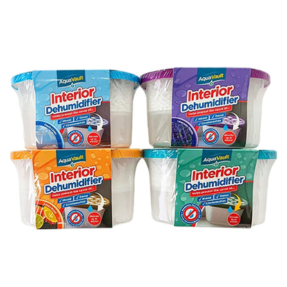 Set of four interior dehumidifier tubs in blue, purple, orange, and green