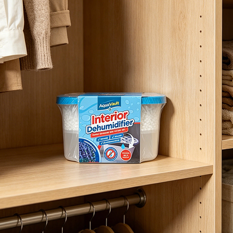 Interior dehumidifier tub on wooden closet shelf with purple and blue packaging