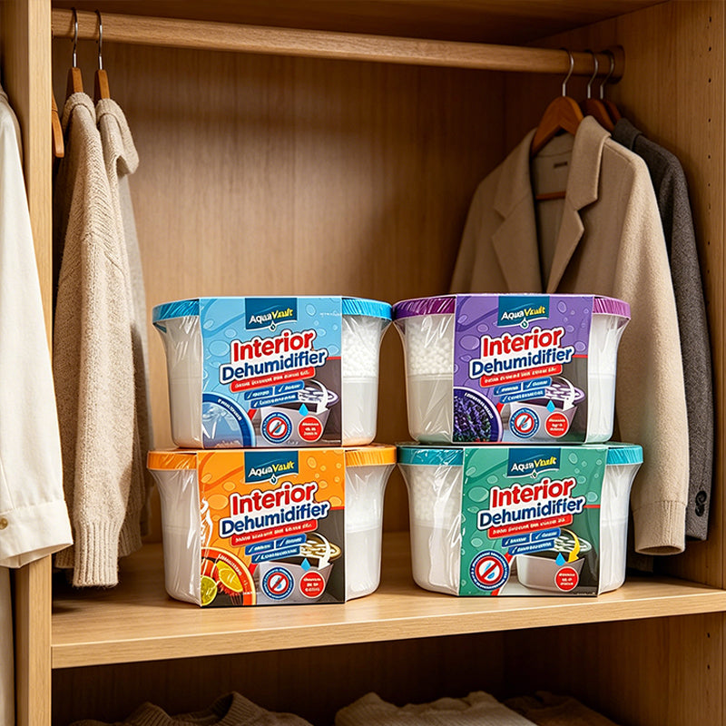 Four interior dehumidifier tubs placed in a wardrobe shelf