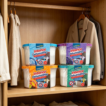 Four interior dehumidifier tubs placed in a wardrobe shelf