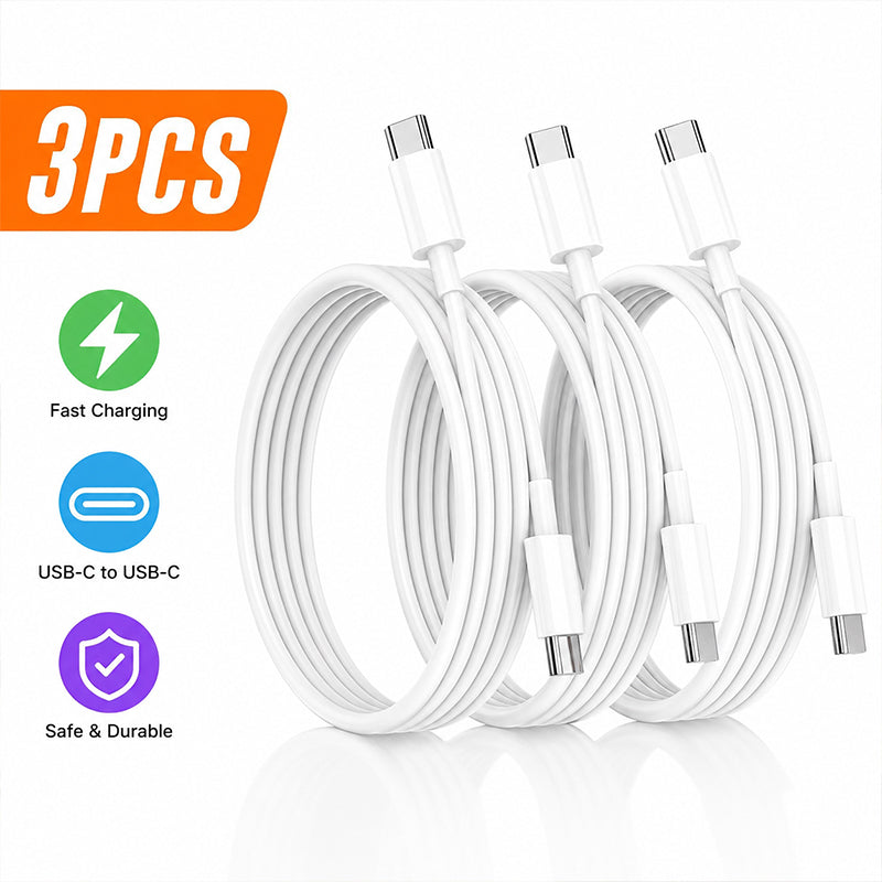 USB-C to USB-C fast charging cable set, three white cables with metal connectors