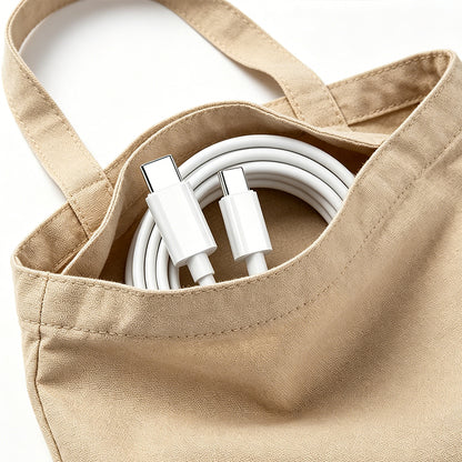 USB-C to USB-C charging cable in beige tote, white cables with Type-C connectors