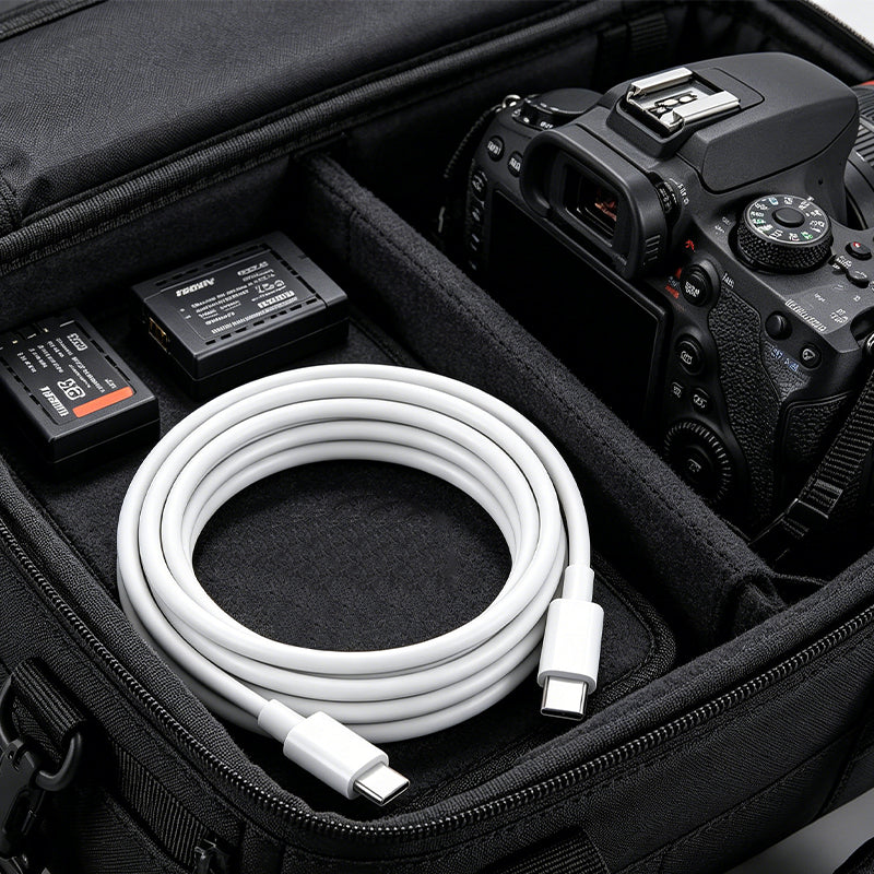 USB-C to USB-C charging cable, coiled white cable in a black zip pouch
