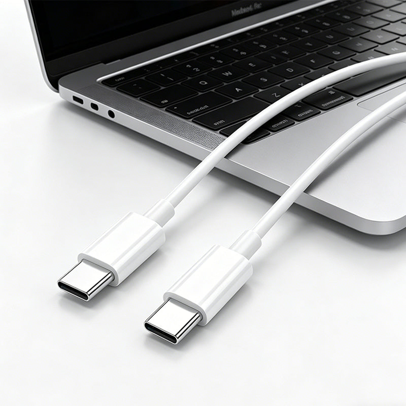 White USB-C to USB-C fast charging cable, metal-reinforced ends
