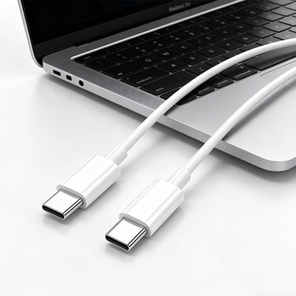 White USB-C to USB-C fast charging cable, metal-reinforced ends