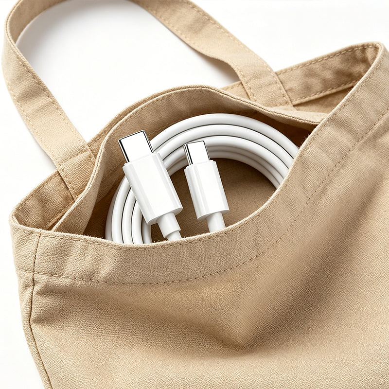 White USB-C to USB-C charging cables in a fabric carry bag