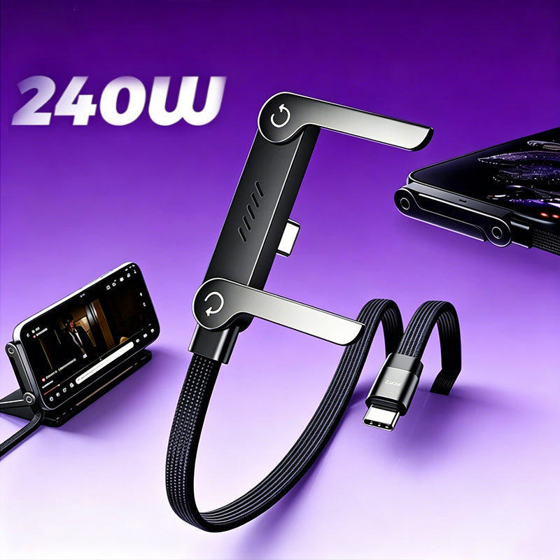 Foldable phone stand with USB-C cable, braided black with 240W fast-charge