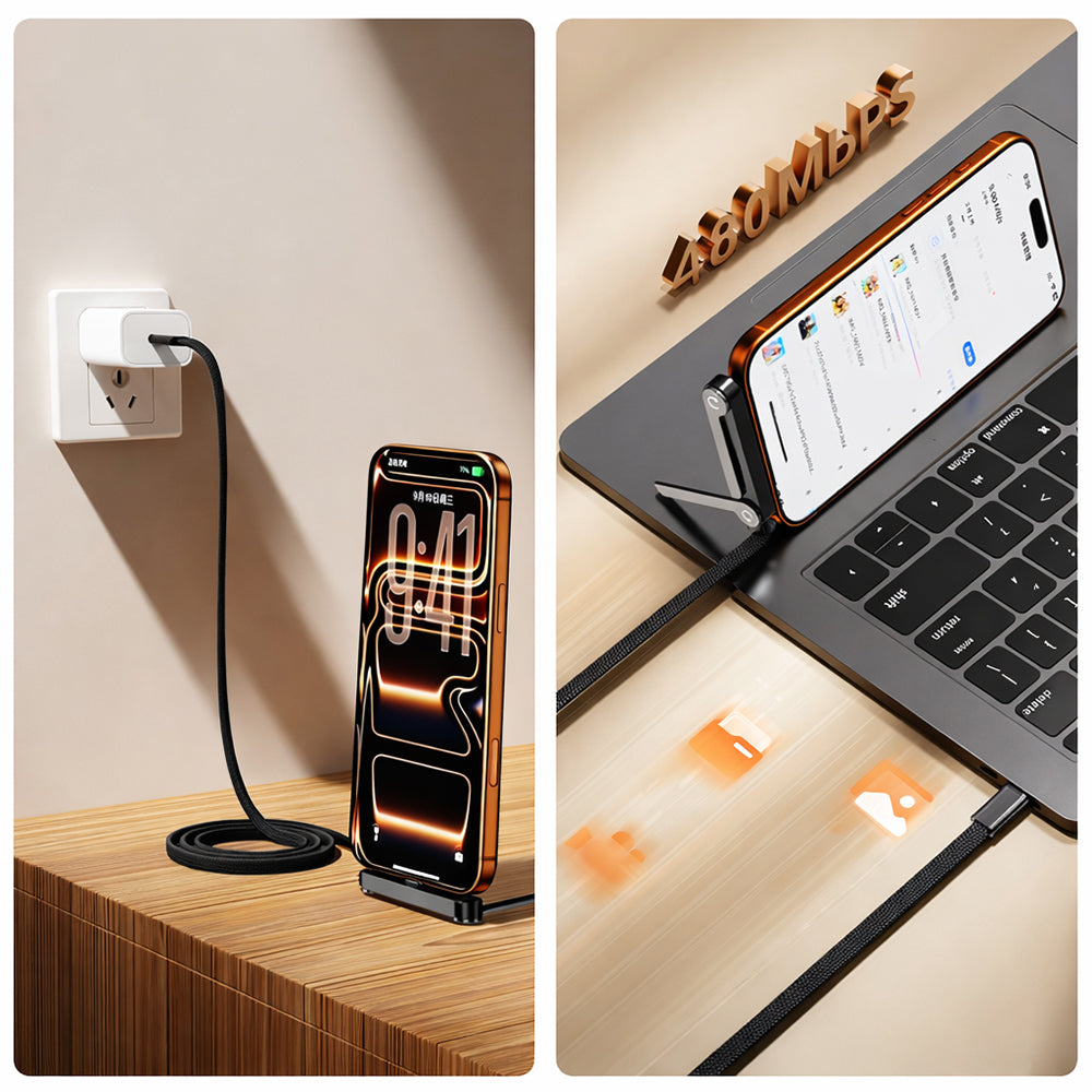 USB-C to USB-C cable and foldable phone stand charging a smartphone beside a laptop