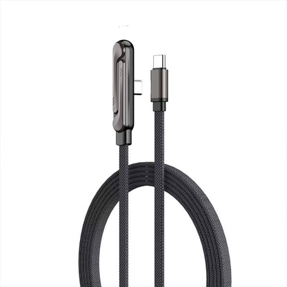 Braided USB-C to USB-C data cable with metal ends and foldable phone stand, black