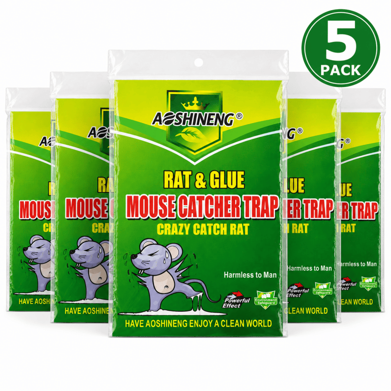 5-pack rat and mouse glue trap boards in green-and-yellow packaging