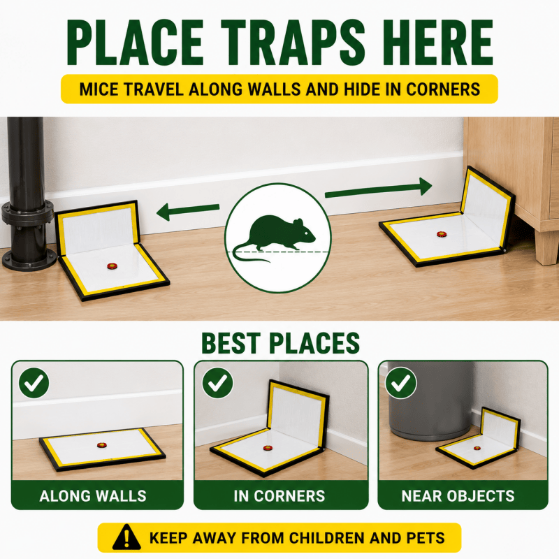 Yellow sticky glue trap boards for mice and rats placed along walls